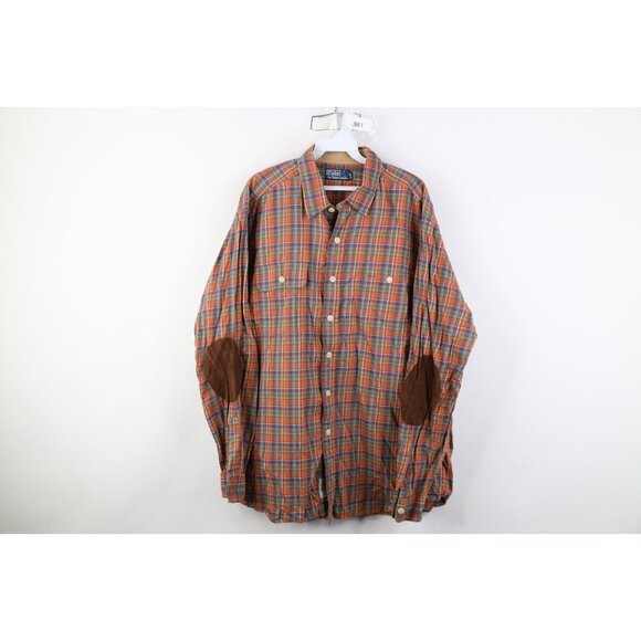 Vtg 90s Ralph Lauren Mens XL Faded Madras Plaid Flannel Elbow Patch Button Shirt